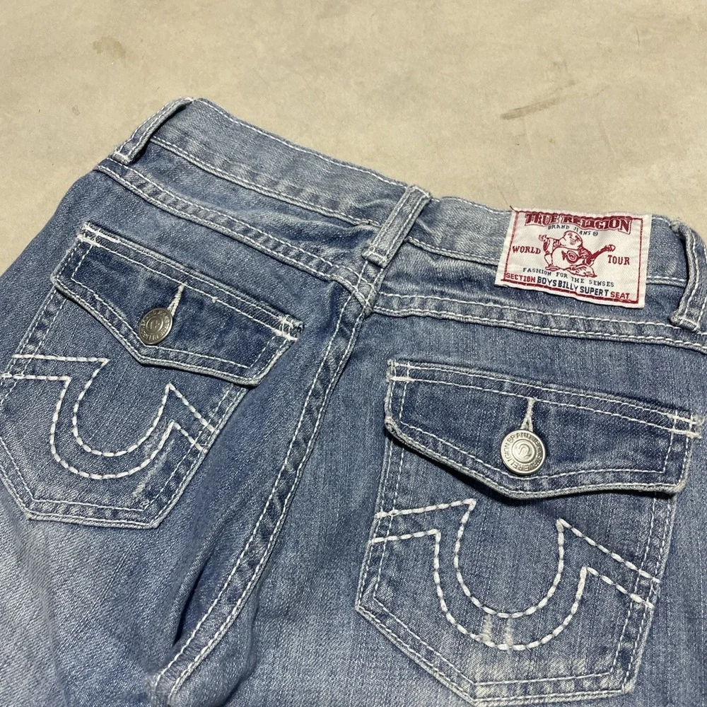 True Religion Billy Super T Jeans Boys Size 14 Med Wash White Contrast Stitch